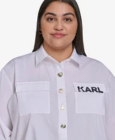 Karl Lagerfeld Paris Plus Cotton Poplin Motif Button-Up Shirt, Exclusively at Macy's