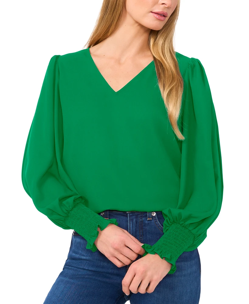 CeCe Women's Long-Sleeve Smocked-Cuff V-Neck Blouse