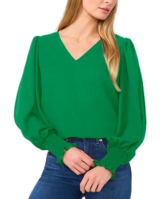 CeCe Women's Long-Sleeve Smocked-Cuff V-Neck Blouse