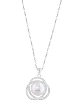 Effy Cultured Freshwater Pearl (9mm) & Diamond (1/3 ct. t.w.) Swirl Knot 18" Pendant Necklace in 14k White Gold