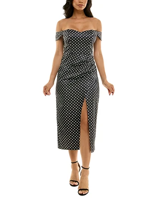 City Studios Juniors' Dot-Print Off-The-Shoulder Dress