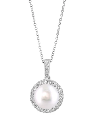 Effy Cultured Freshwater Pearl (10mm) & Diamond (5/8 ct. t.w.) Halo 18" Pendant Necklace in 14k White Gold