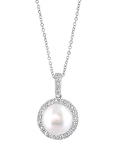 Effy Cultured Freshwater Pearl (10mm) & Diamond (5/8 ct. t.w.) Halo 18" Pendant Necklace in 14k White Gold