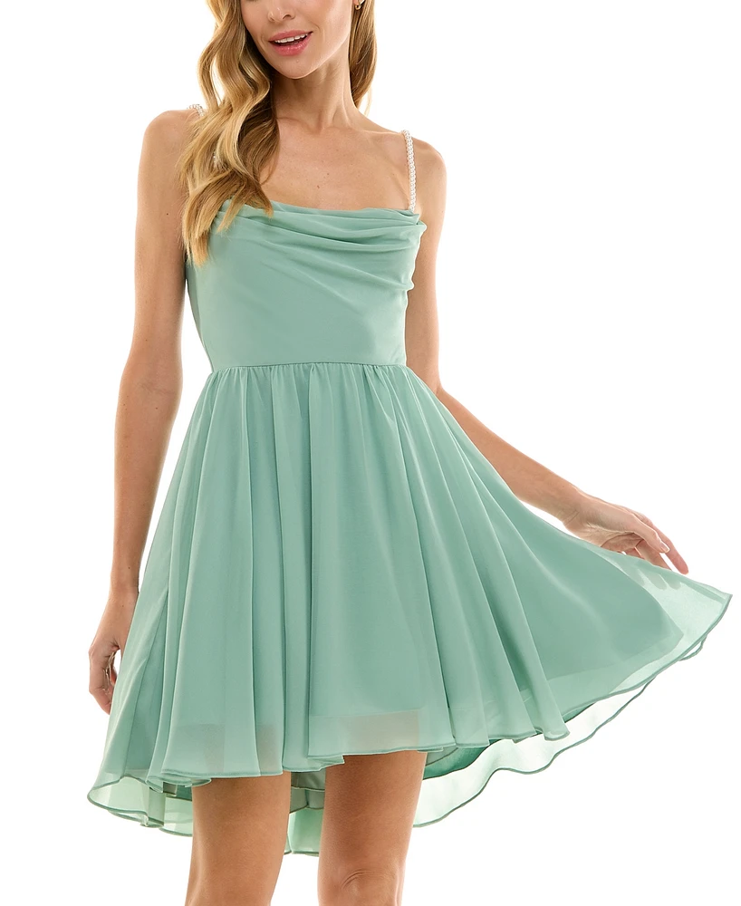 City Studios Juniors' Faux-Pearl-Strap Fit & Flare Chiffon Dress