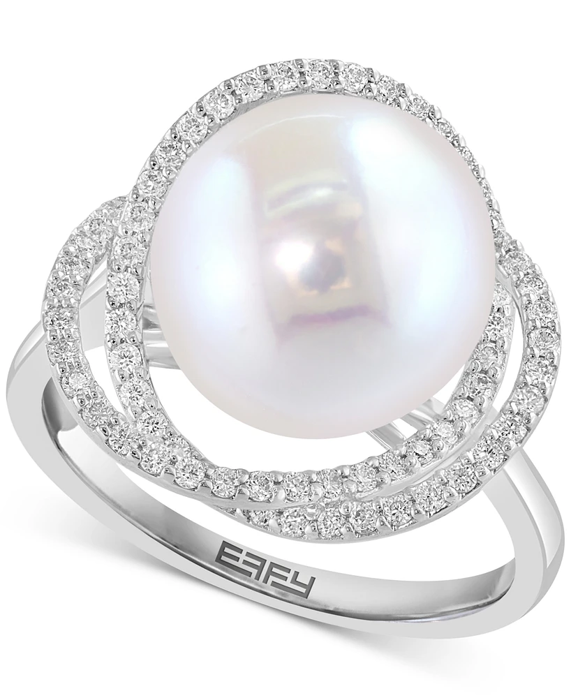 Effy Cultured Freshwater Pearl (10mm) & Diamond (1/3 ct. t.w.) Spiral Knot Statement Ring in 14k White Gold