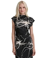 Dkny Women's Printed Mock-Neck Cap-Sleeve Crepe Dress