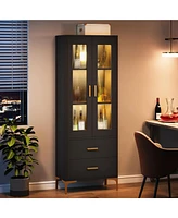 Tribesigns Bookcase with Doors and Led Light,Bookshelf 2 Drawers, Freestanding Tall Storage Cabinet for Living Room, Bathroom, Office, Kitchen