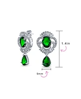 Bling Jewelry Art Deco Style Green Cz Teardrop Crown Baguette Dangle Prom Statement Earrings Silver Plated Brass