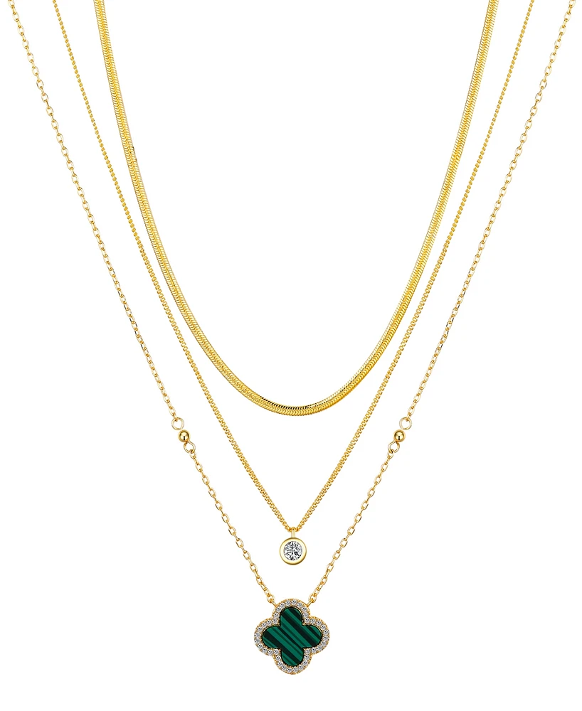Unwritten Malachite Clover and Cubic Zirconia Bezel Layered Necklace Set
