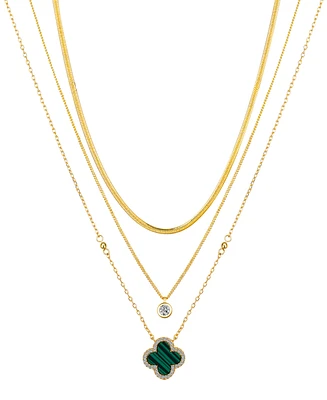 Unwritten Malachite Clover and Cubic Zirconia Bezel Layered Necklace Set