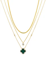 Unwritten Malachite Clover and Cubic Zirconia Bezel Layered Necklace Set