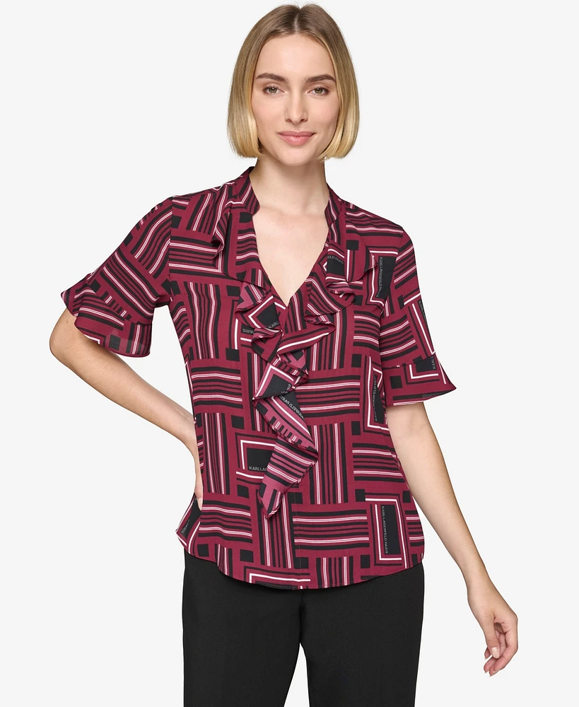 Karl Lagerfeld Paris Women's Printed Ruffled Flutter-Sleeve Blouse