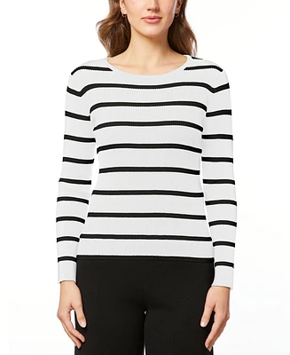 Melissa Paige Petite Women's Scoop Neck Ribbed Striped Sweater