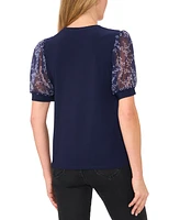 CeCe Women's Mixed-Media Round-Neck Puff-Sleeve Top