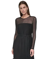 Dkny Women's Chiffon Pleated Tie-Waist Illusion-Mesh Dress