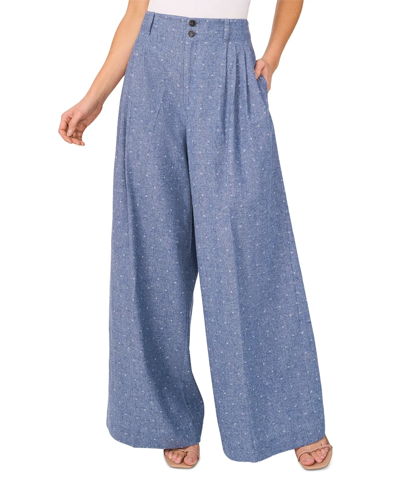 CeCe Women's Cotton Pleated Flared Wide-Leg Pants