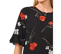 CeCe Women's Ruffled-Sleeve Floral Crewneck Top