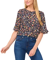 CeCe Women's Floral Round-Neck Ruffled-Cuff Blouse