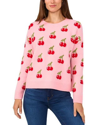 CeCe Women's Cherry Jacquard Crewneck Sweater