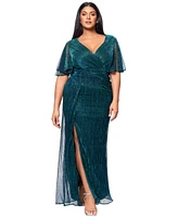 Betsy & Adam Plus V-Neck Metallic Crinkle Gown