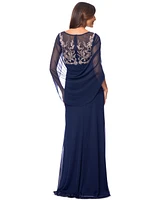 Betsy & Adam Petite Scoop-Neck Cape-Sleeve Embellished Gown