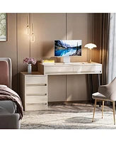 Tribesigns Gloss Desk with 5 Drawers, Modern Home Office Desk with Storage Drawers and Printer Stand, Reversible Computer Desk Vanity Desk for Bedroom