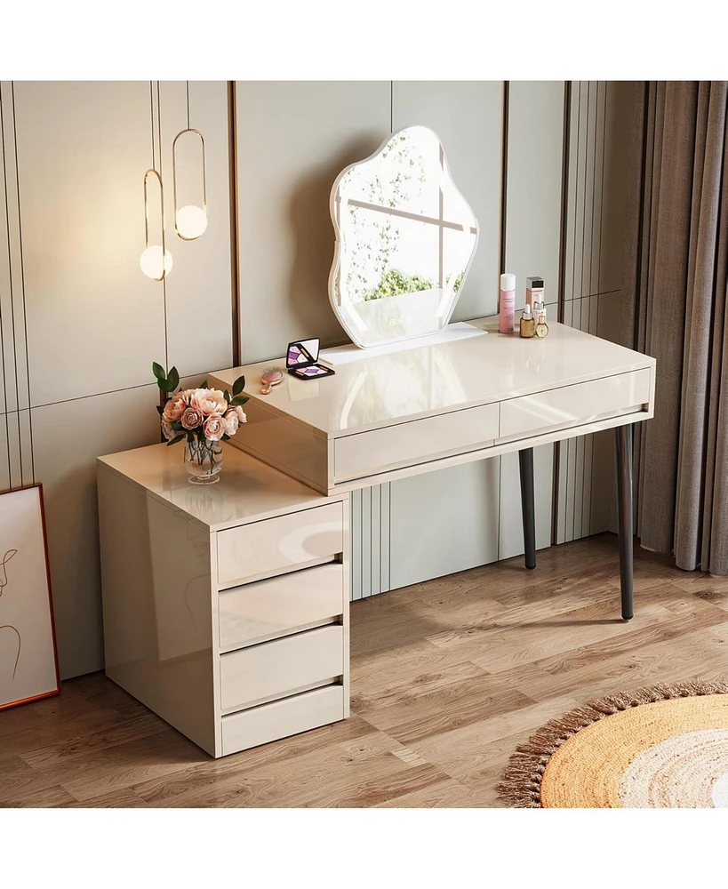 Tribesigns Gloss Desk with 5 Drawers, Modern Home Office Desk with Storage Drawers and Printer Stand, Reversible Computer Desk Vanity Desk for Bedroom