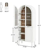 Tribesigns 68" Tall Arched Storage Cabinet, White 5-Tier Display Bookcase with Doors and Adjustable Shelves, Farmhouse Wooden Bookshelf, Kitchen Pantr