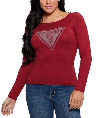 Guess Women's Eliza Rhinestone-Logo Boat-Neck Sweater