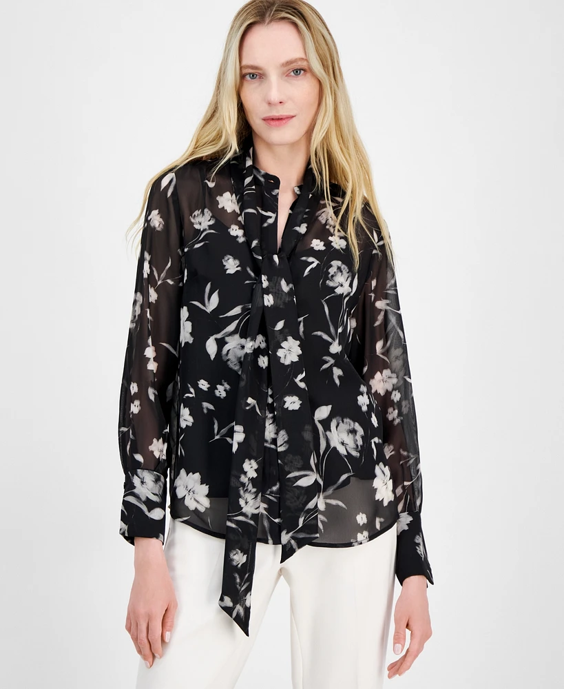 Anne Klein Women's Floral-Print Tie-Neck Blouse