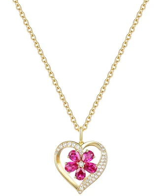 Lab Grown Ruby (1 ct. t.w.) & Lab Grown White Sapphire (1/20 ct. t.w.) Heart Flower Cluster 18" Pendant Necklace in 14k Gold over Sterling Silver