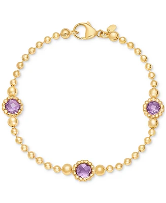 Lab-Created Amethyst Station Bead Link Bracelet 14k Gold-Plated Sterling Silver (Also Onyx, & Sky Blue Topaz)