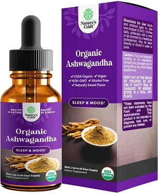Nature's Craft Organic Ashwagandha Drops, Adaptogenic Pure Ashwagandha Tincture for Energy Stress and Mood Support, Nature's Craft, 60mL