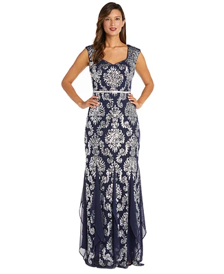 R & M Richards Women's Fleur Sequinned Long A-Line Dress