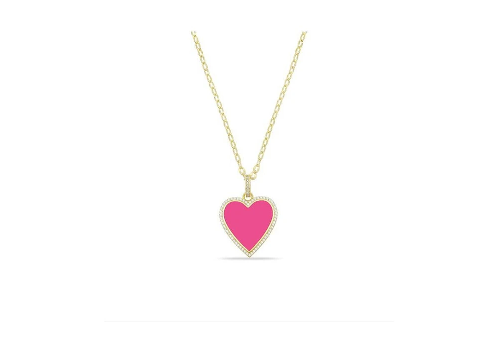 Etoielle Pink Enamel Heart Necklace Encusted with Cubic Ziconia Suepended on a Paperclip Chain 18 inches adjustable