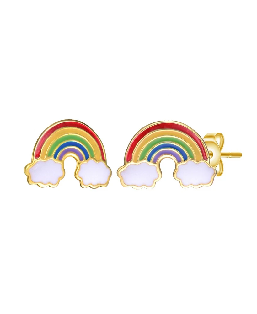 GiGiGirl Sterling Silver 14K Gold Plated Colorful Rainbow Enamel & White Cloud Stud Earrings