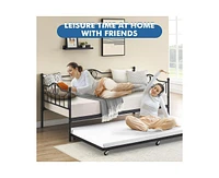 Twin Daybed with Trundle, Modern Pull Out Day Bed Frame with Vintage Headboard, Metal Daybed with Sturdy Slat Support,for Small Spaces, Kids Room, Liv