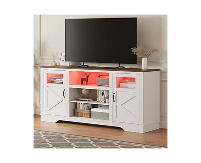 gaomon Farmhouse Tv Stand with Led Lights, Entertainment Center for 65/60/55 Inches Televisions, Tv Console with Storage Cabinets and Open Shelves, Tv