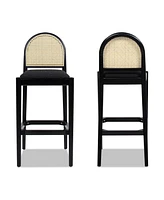 The Pop Home 30.5" Curved Back Rattan Bar Stool, Set of 2,Upholstered Chairs Ivory White Fabric-The