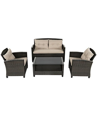 Gouun 4 Pieces Outdoor Rattan Furniture Set with Glass Table