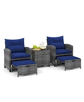 Gouun 5 Piece Patio Rattan Furniture with 2 Ottomans and Tempered Glass Table