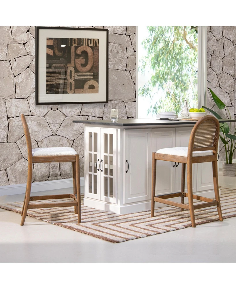 26.5" Curved Back Rattan Counter Bar Stool, Set of 2, Ivory White Boucle-The Pop Home