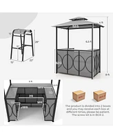 Gouun 3-Piece Patio Bar Set Grill Gazebo & 2 Bar Stools with Tempered Glass Bar Table