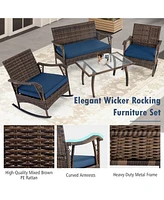 Gouun 4 Pieces Wicker Rocking Set with Bungee Rope Seat for Porch Yard