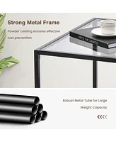 Gouun Modern 2-Tier Square Glass Table with Mesh Shelf