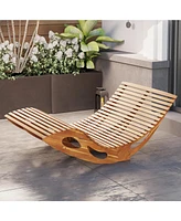 Gouun Slatted Acacia 2-Seat Patio Dual Rocker Sunbed Wood Lounger with Ergonomic Curved Seat