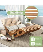 Gouun Slatted Acacia 2-Seat Patio Dual Rocker Sunbed Wood Lounger with Ergonomic Curved Seat