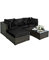 Gouun 5 Pieces Cushioned Patio Rattan Furniture Set with Glass Table