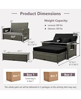Patio Wicker Loveseat Sofa with Multipurpose Ottoman and Retractable Side Tray