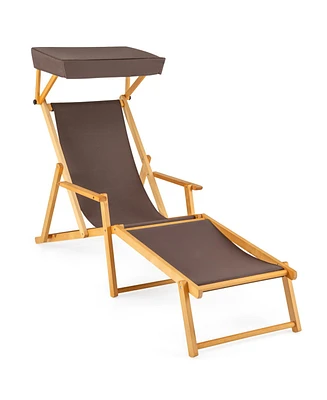 Gouun Birch Wood Chaise Lounge Chair Foldable Beach with Adjustable Canopy